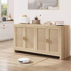 Woven Rattan 4-Door Storage Cabinet, Buffet Sideboard with Shelf, Coffee Bar Console for Kitchen Dining & Living Room, 36H