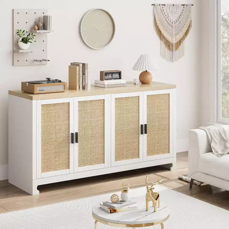 Buffet de rangement 4 portes en rotin tissé, avec étagère, Console de bar à café pour cuisine, salle à manger et salon, 91 cm de hauteur