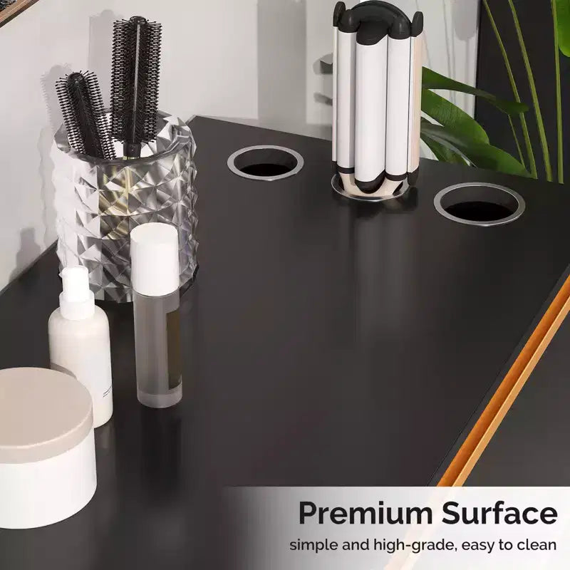Meuble de coiffure noir avec miroir carré et 3 tiroirs