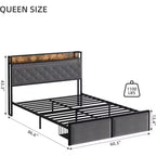 Cadre de lit avec tête de lit de rangement et 2 tiroirs, cadre de lit plateforme king en métal avec lumières LED et station de recharge, silencieux, pas besoin de sommier tapissier