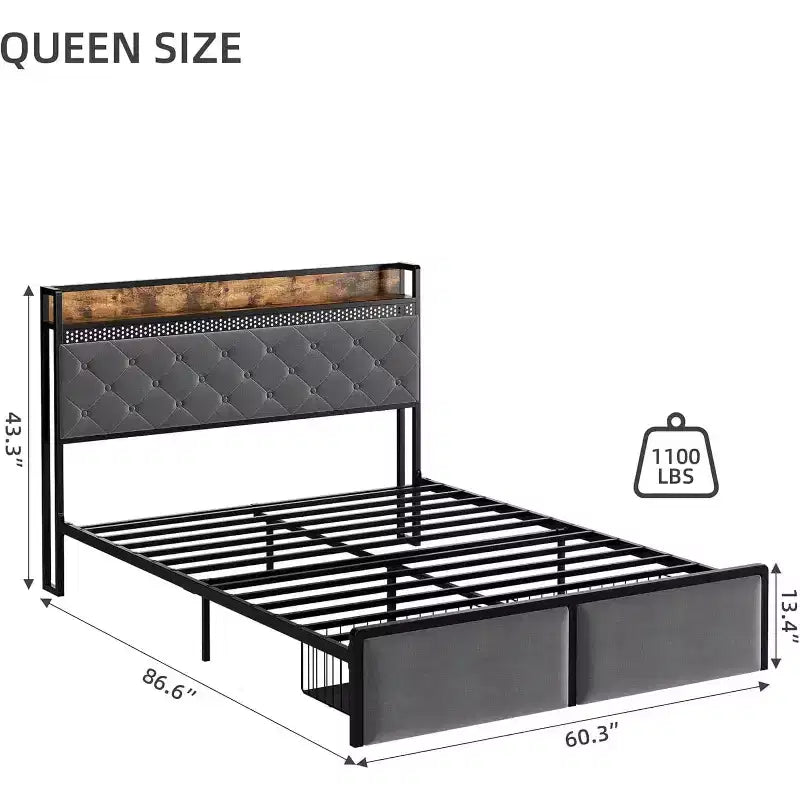 Cadre de lit avec tête de lit de rangement et 2 tiroirs, cadre de lit plateforme king en métal avec lumières LED et station de recharge, silencieux, pas besoin de sommier tapissier