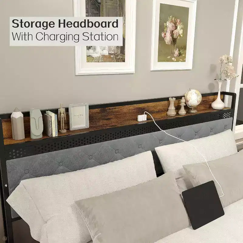 Cadre de lit avec tête de lit de rangement et 2 tiroirs, cadre de lit plateforme king en métal avec lumières LED et station de recharge, silencieux, pas besoin de sommier tapissier
