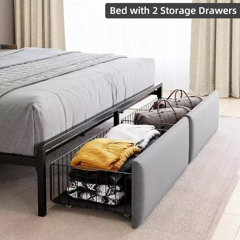 Cadre de lit avec tête de lit de rangement et 2 tiroirs, cadre de lit plateforme king en métal avec lumières LED et station de recharge, silencieux, pas besoin de sommier tapissier