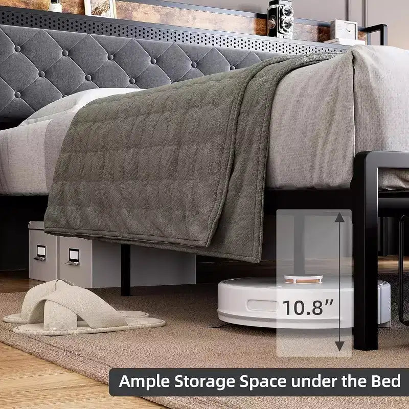 Cadre de lit avec tête de lit de rangement et 2 tiroirs, cadre de lit plateforme king en métal avec lumières LED et station de recharge, silencieux, pas besoin de sommier tapissier