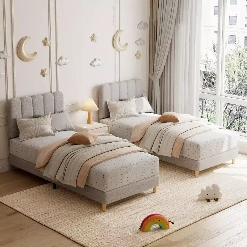 Cadre de lit jumeau, lit plateforme tapissé de velours avec tête de lit ondulée pour filles/enfants, assemblage facile, support à lattes en bois, pas besoin de sommier, rose