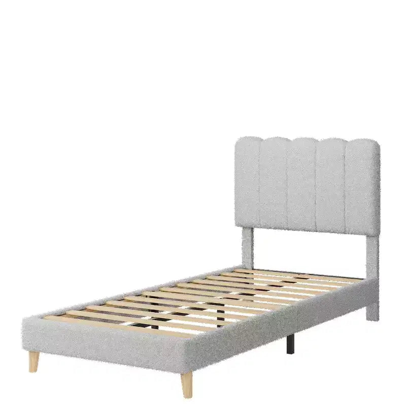 Cadre de lit jumeau, lit plateforme tapissé de velours avec tête de lit ondulée pour filles/enfants, assemblage facile, support à lattes en bois, pas besoin de sommier, rose