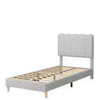 Cadre de lit jumeau, lit plateforme tapissé de velours avec tête de lit ondulée pour filles/enfants, assemblage facile, support à lattes en bois, pas besoin de sommier, rose