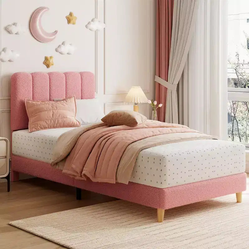 Cadre de lit jumeau, lit plateforme tapissé de velours avec tête de lit ondulée pour filles/enfants, assemblage facile, support à lattes en bois, pas besoin de sommier, rose