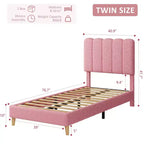 Cadre de lit jumeau, lit plateforme tapissé de velours avec tête de lit ondulée pour filles/enfants, assemblage facile, support à lattes en bois, pas besoin de sommier, rose