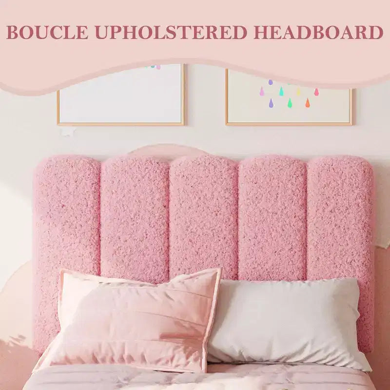 Cadre de lit jumeau, lit plateforme tapissé de velours avec tête de lit ondulée pour filles/enfants, assemblage facile, support à lattes en bois, pas besoin de sommier, rose
