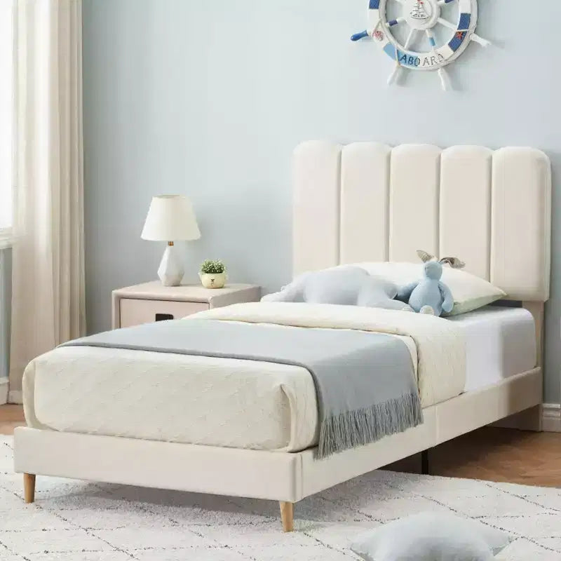 Cadre de lit jumeau, lit plateforme tapissé de velours avec tête de lit ondulée pour filles/enfants, assemblage facile, support à lattes en bois, pas besoin de sommier, rose
