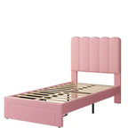 Cadre de lit jumeau, lit plateforme tapissé de velours avec tête de lit ondulée pour filles/enfants, assemblage facile, support à lattes en bois, pas besoin de sommier, rose
