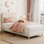 Cadre de lit jumeau, lit plateforme tapissé de velours avec tête de lit ondulée pour filles/enfants, assemblage facile, support à lattes en bois, pas besoin de sommier, rose