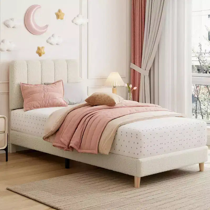 Cadre de lit jumeau, lit plateforme tapissé de velours avec tête de lit ondulée pour filles/enfants, assemblage facile, support à lattes en bois, pas besoin de sommier, rose
