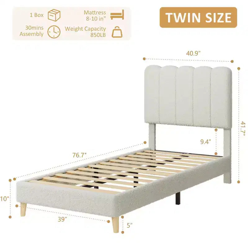 Cadre de lit jumeau, lit plateforme tapissé de velours avec tête de lit ondulée pour filles/enfants, assemblage facile, support à lattes en bois, pas besoin de sommier, rose