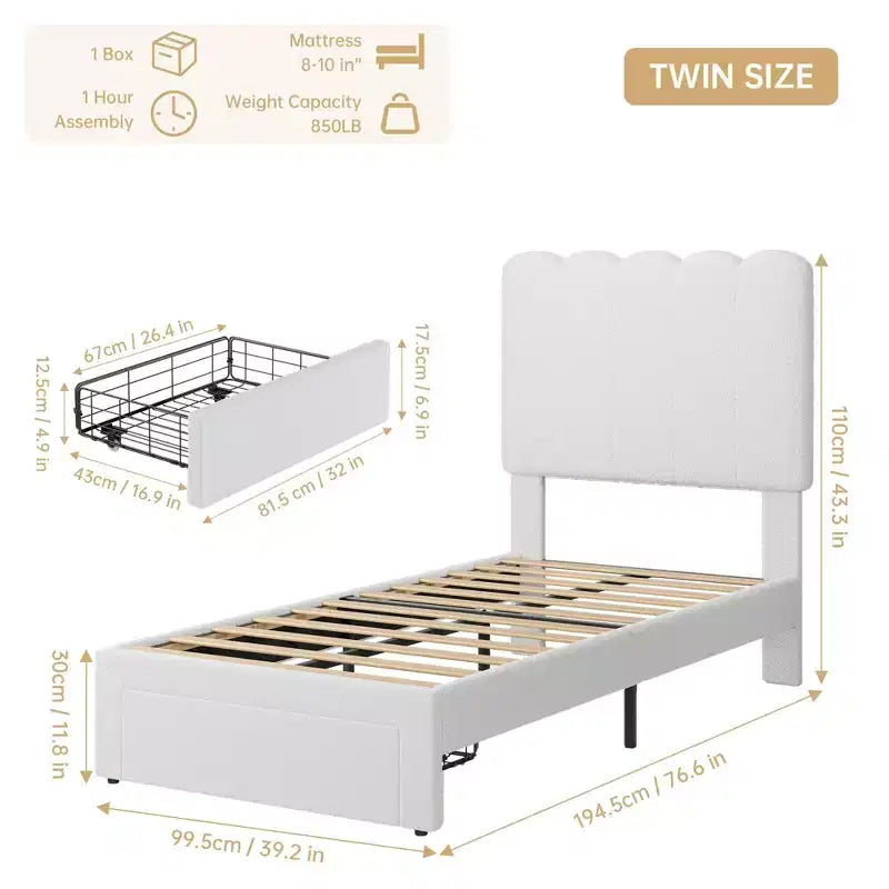 Cadre de lit jumeau, lit plateforme tapissé de velours avec tête de lit ondulée pour filles/enfants, assemblage facile, support à lattes en bois, pas besoin de sommier, rose