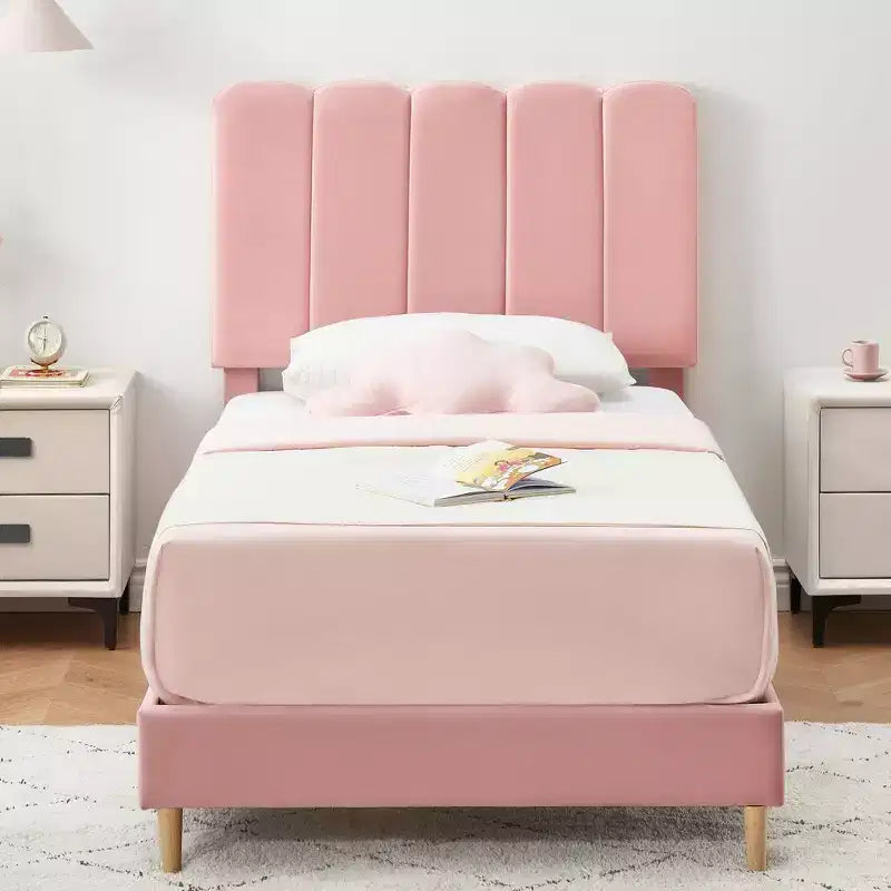 Cadre de lit jumeau, lit plateforme tapissé de velours avec tête de lit ondulée pour filles/enfants, assemblage facile, support à lattes en bois, pas besoin de sommier, rose