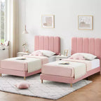 Cadre de lit jumeau, lit plateforme tapissé de velours avec tête de lit ondulée pour filles/enfants, assemblage facile, support à lattes en bois, pas besoin de sommier, rose