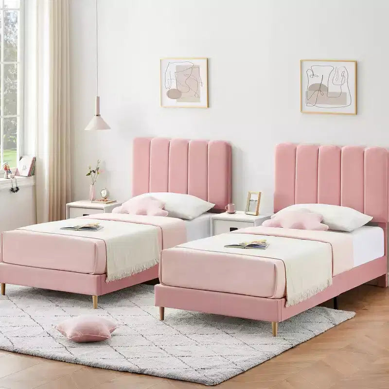 Cadre de lit jumeau, lit plateforme tapissé de velours avec tête de lit ondulée pour filles/enfants, assemblage facile, support à lattes en bois, pas besoin de sommier, rose