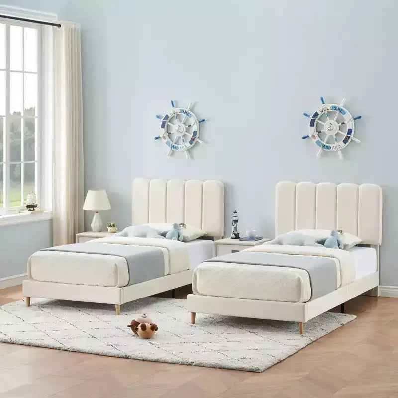 Cadre de lit jumeau, lit plateforme tapissé de velours avec tête de lit ondulée pour filles/enfants, assemblage facile, support à lattes en bois, pas besoin de sommier, rose