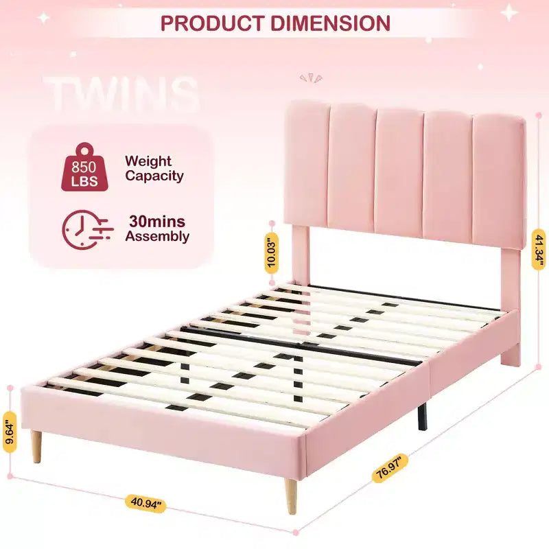 Cadre de lit jumeau, lit plateforme tapissé de velours avec tête de lit ondulée pour filles/enfants, assemblage facile, support à lattes en bois, pas besoin de sommier, rose