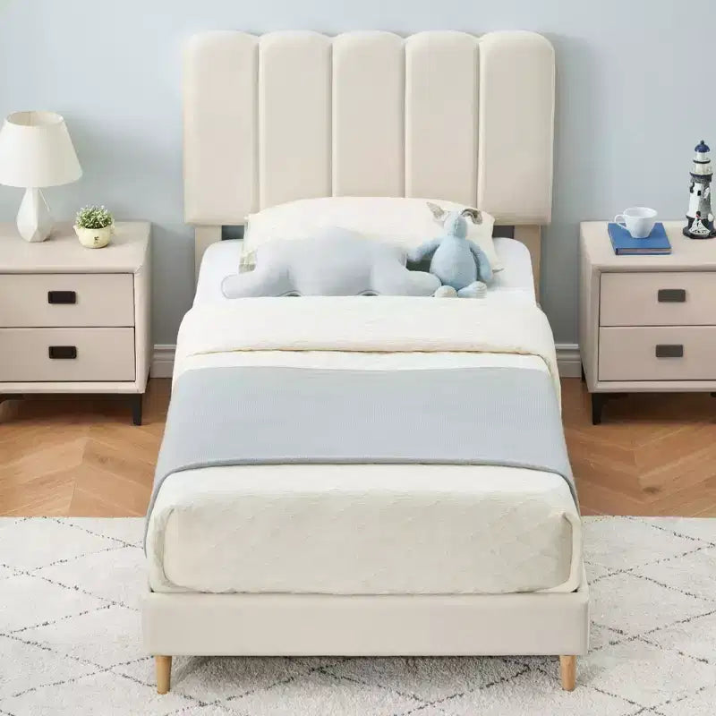 Cadre de lit jumeau, lit plateforme tapissé de velours avec tête de lit ondulée pour filles/enfants, assemblage facile, support à lattes en bois, pas besoin de sommier, rose