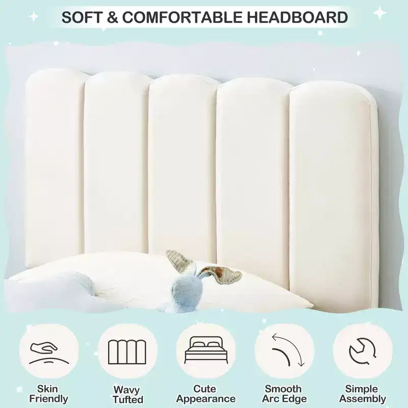 Cadre de lit jumeau, lit plateforme tapissé de velours avec tête de lit ondulée pour filles/enfants, assemblage facile, support à lattes en bois, pas besoin de sommier, rose