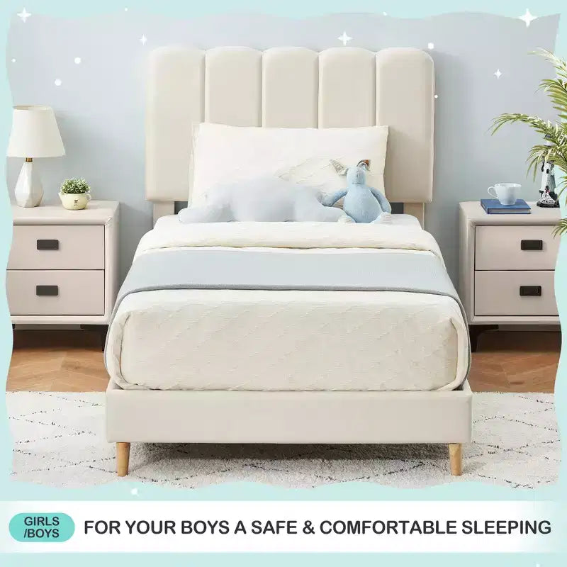 Cadre de lit jumeau, lit plateforme tapissé de velours avec tête de lit ondulée pour filles/enfants, assemblage facile, support à lattes en bois, pas besoin de sommier, rose