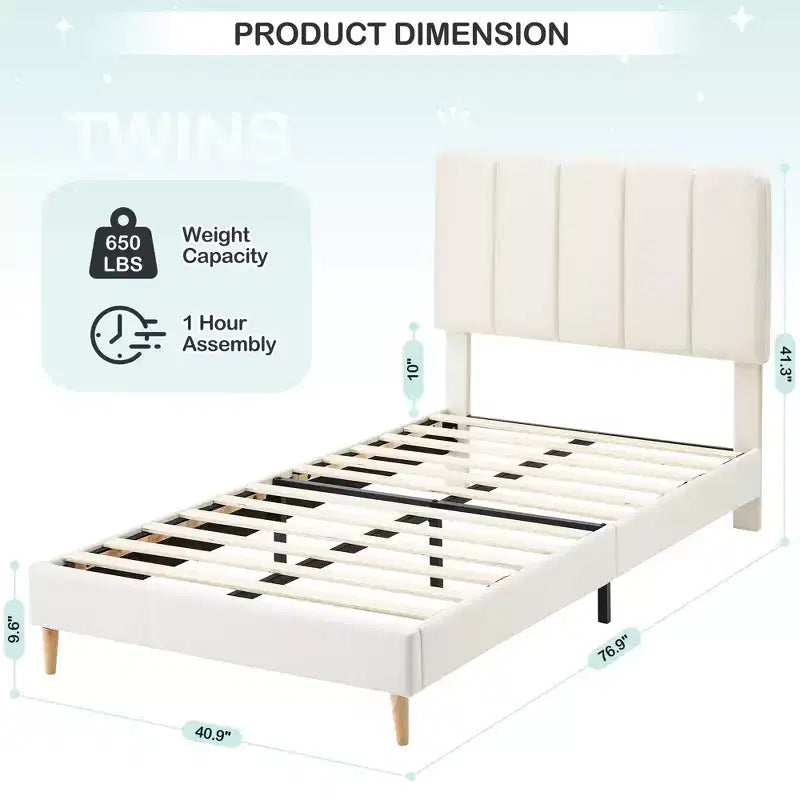 Cadre de lit jumeau, lit plateforme tapissé de velours avec tête de lit ondulée pour filles/enfants, assemblage facile, support à lattes en bois, pas besoin de sommier, rose