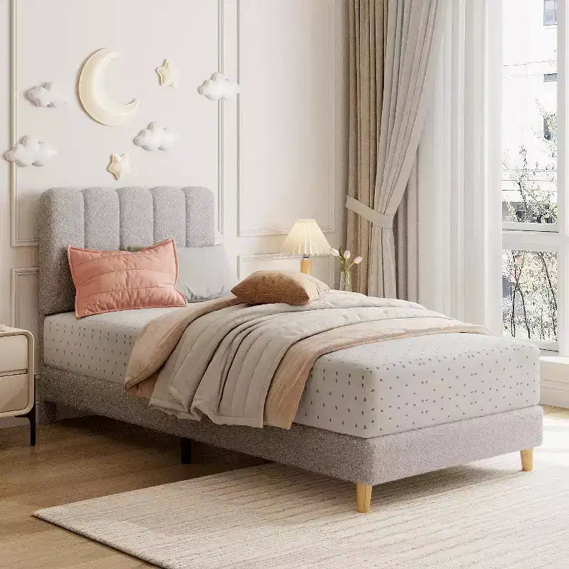 Cadre de lit jumeau, lit plateforme tapissé de velours avec tête de lit ondulée pour filles/enfants, assemblage facile, support à lattes en bois, pas besoin de sommier, rose