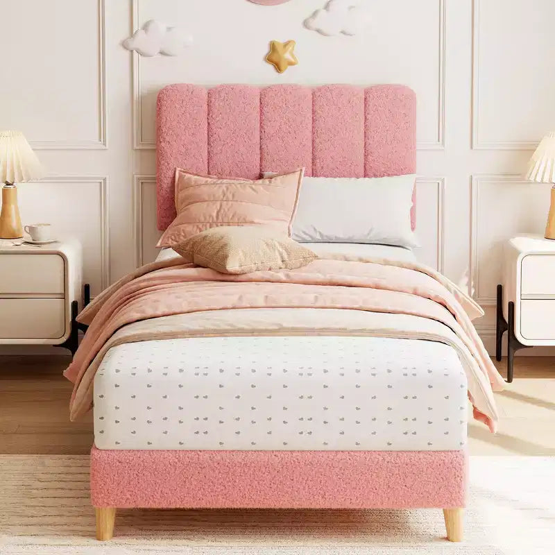 Cadre de lit jumeau, lit plateforme tapissé de velours avec tête de lit ondulée pour filles/enfants, assemblage facile, support à lattes en bois, pas besoin de sommier, rose