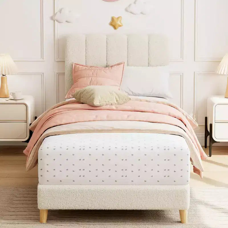 Cadre de lit jumeau, lit plateforme tapissé de velours avec tête de lit ondulée pour filles/enfants, assemblage facile, support à lattes en bois, pas besoin de sommier, rose