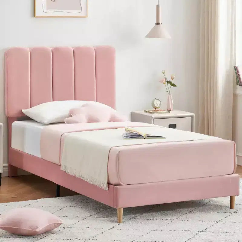 Cadre de lit jumeau, lit plateforme tapissé de velours avec tête de lit ondulée pour filles/enfants, assemblage facile, support à lattes en bois, pas besoin de sommier, rose