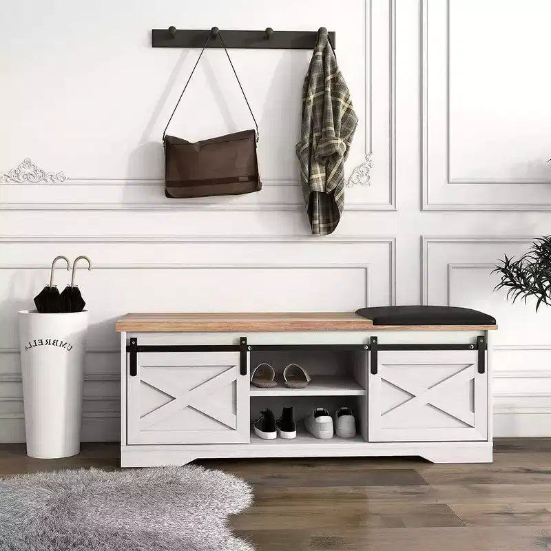 Acekool 2-Tier Entryway Shoe Bench with Cushion, Sliding Door & Adjustable Shelf, Large Storage Organizer for Narrow Spaces, White