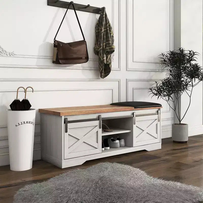 Banc à chaussures d'entrée à 2 niveaux avec coussin, porte coulissante et étagère réglable, grand organisateur de rangement pour espaces étroits, blanc