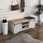 Banc à chaussures d'entrée à 2 niveaux avec coussin, porte coulissante et étagère réglable, grand organisateur de rangement pour espaces étroits, blanc