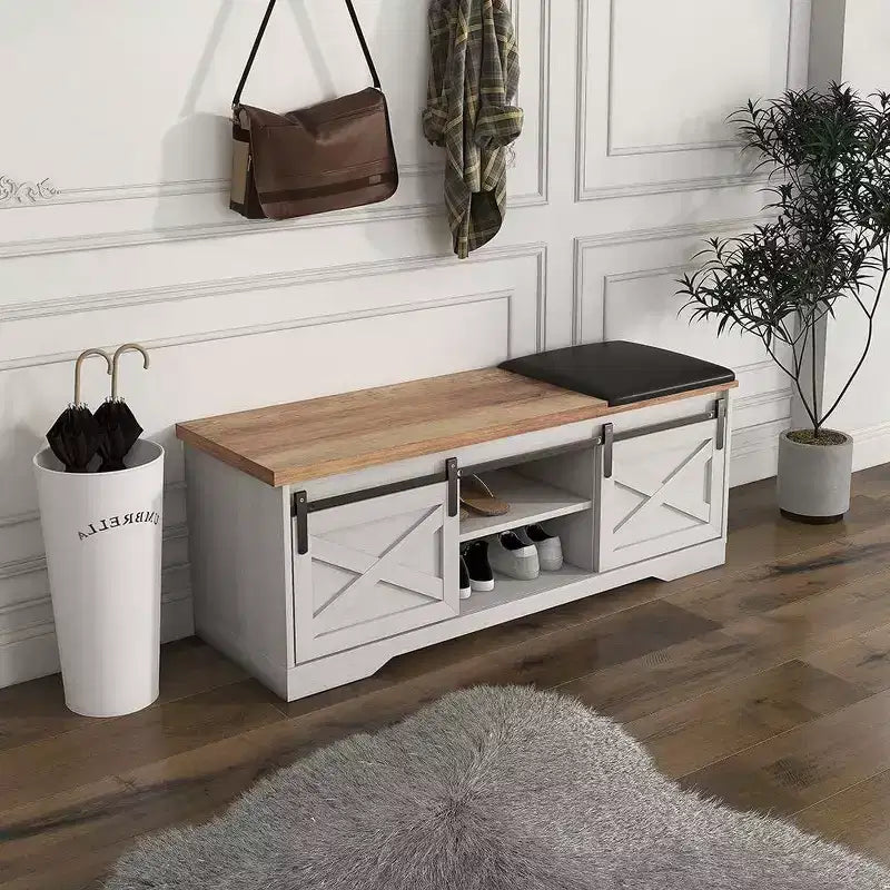 Banc à chaussures d'entrée à 2 niveaux avec coussin, porte coulissante et étagère réglable, grand organisateur de rangement pour espaces étroits, blanc