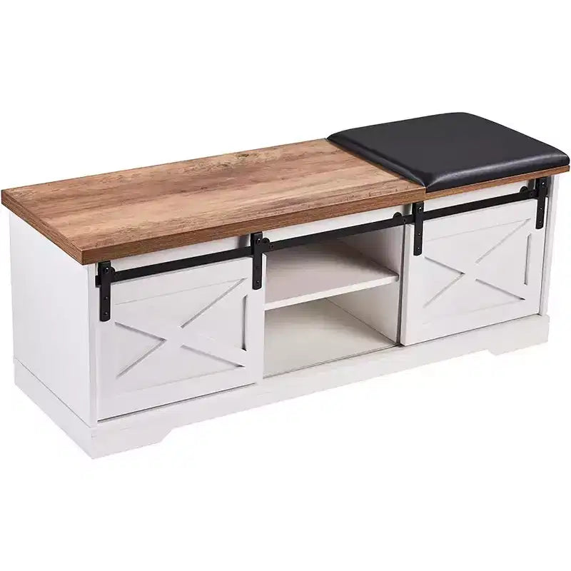 Banc à chaussures d'entrée à 2 niveaux avec coussin, porte coulissante et étagère réglable, grand organisateur de rangement pour espaces étroits, blanc