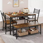 Table à manger pour 4 personnes avec banc et 2 chaises, table de cuisine rectangulaire avec casier à vin et bancs de rangement