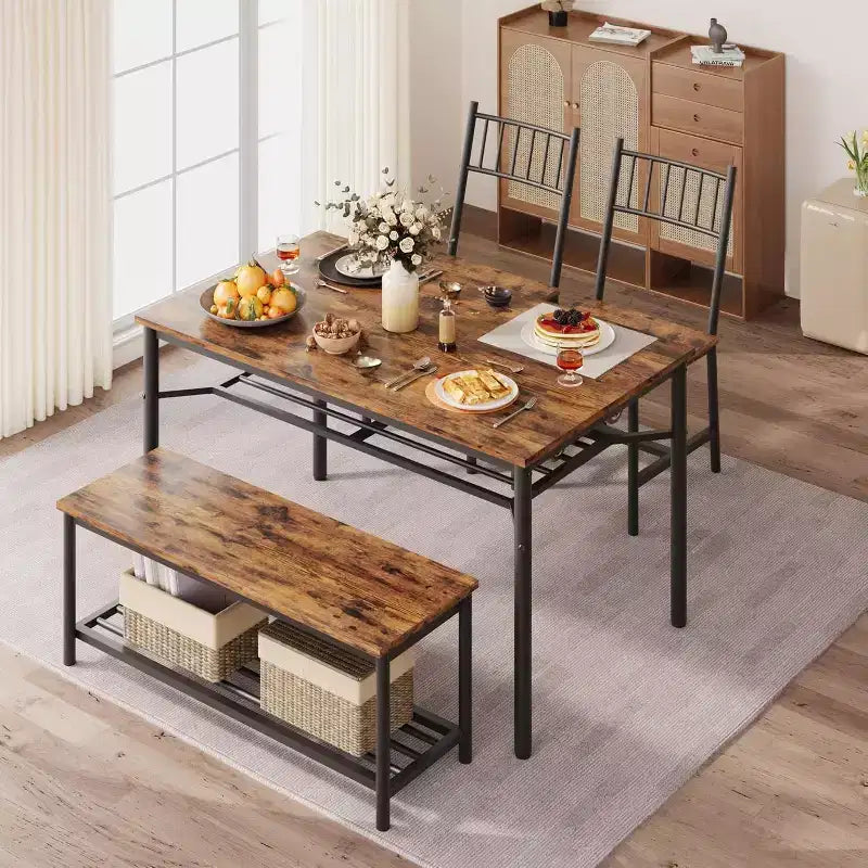 Table à manger pour 4 personnes avec banc et 2 chaises, table de cuisine rectangulaire avec casier à vin et bancs de rangement