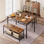Table à manger pour 4 personnes avec banc et 2 chaises, table de cuisine rectangulaire avec casier à vin et bancs de rangement