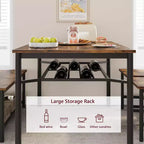 Table à manger pour 4 personnes avec banc et 2 chaises, table de cuisine rectangulaire avec casier à vin et bancs de rangement