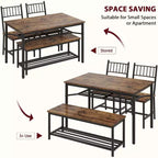 Table à manger pour 4 personnes avec banc et 2 chaises, table de cuisine rectangulaire avec casier à vin et bancs de rangement