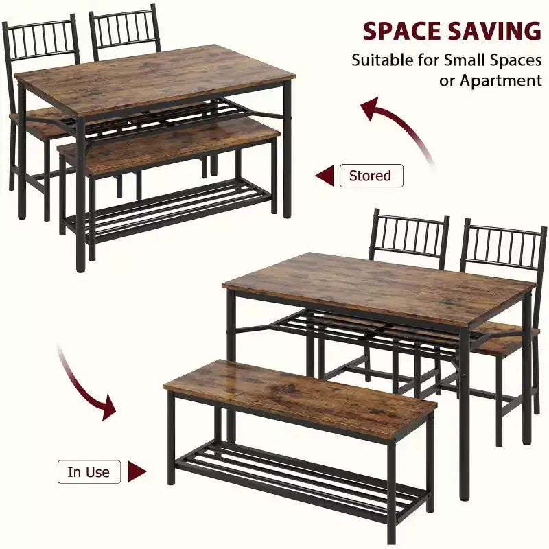 Table à manger pour 4 personnes avec banc et 2 chaises, table de cuisine rectangulaire avec casier à vin et bancs de rangement