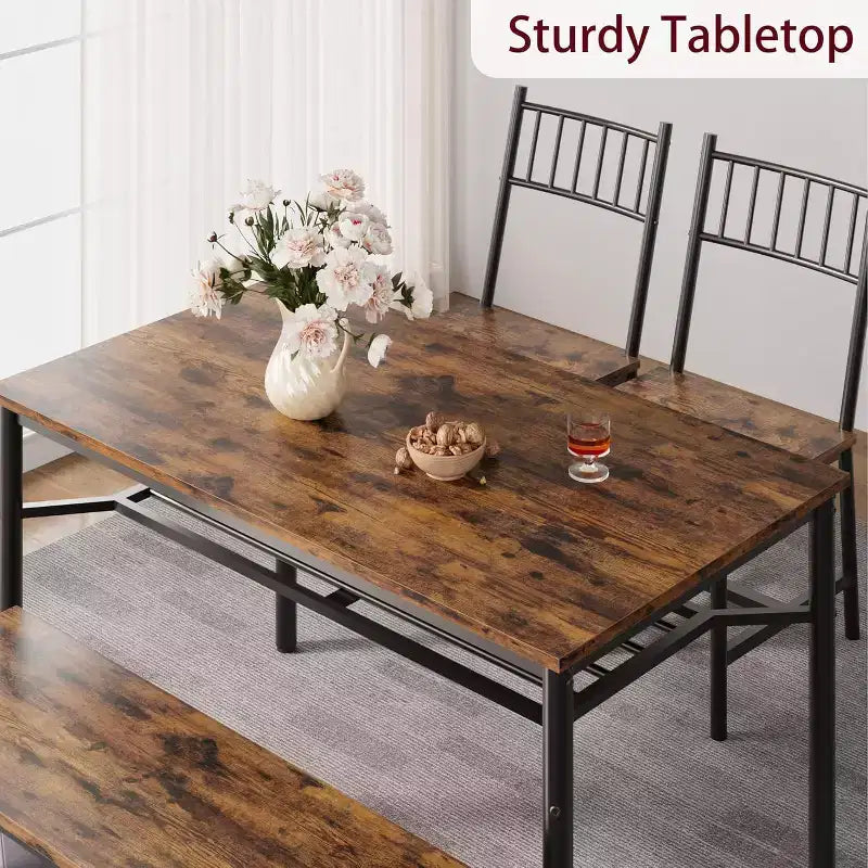 Table à manger pour 4 personnes avec banc et 2 chaises, table de cuisine rectangulaire avec casier à vin et bancs de rangement