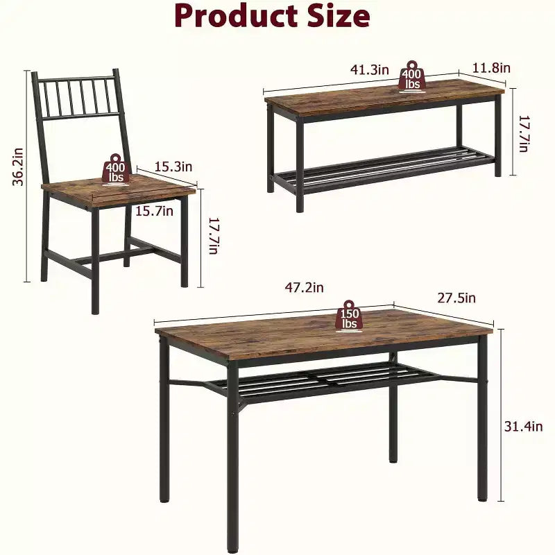 Table à manger pour 4 personnes avec banc et 2 chaises, table de cuisine rectangulaire avec casier à vin et bancs de rangement