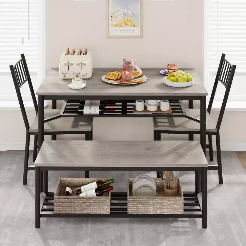 Table à manger pour 4 personnes avec banc et 2 chaises, table de cuisine rectangulaire avec casier à vin et bancs de rangement