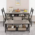 Table à manger pour 4 personnes avec banc et 2 chaises, table de cuisine rectangulaire avec casier à vin et bancs de rangement