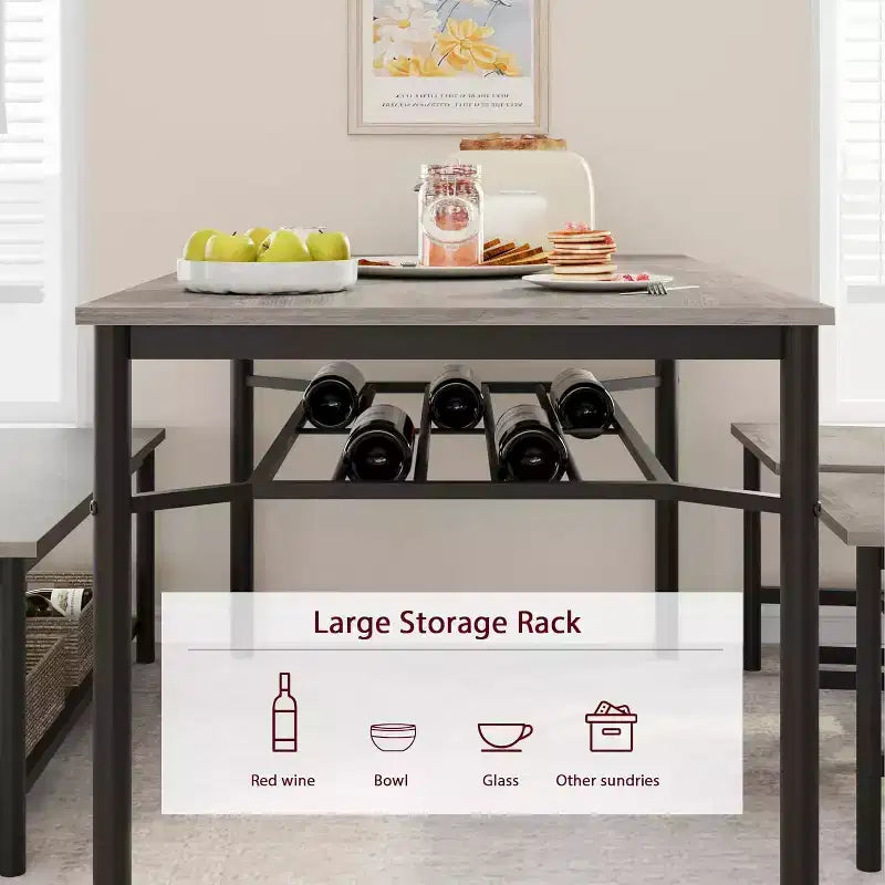Table à manger pour 4 personnes avec banc et 2 chaises, table de cuisine rectangulaire avec casier à vin et bancs de rangement