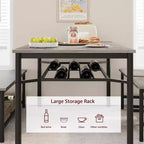 Table à manger pour 4 personnes avec banc et 2 chaises, table de cuisine rectangulaire avec casier à vin et bancs de rangement